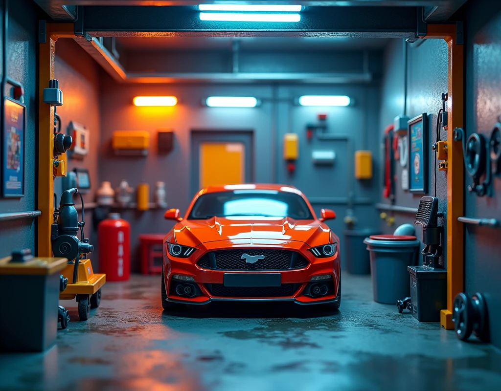  All items in a square display box create a detailed car wash toy industrial style  wall spray paint  vibrant contrasting colors detailed tools garage accessories cool lighting effects no car  location  cool indoor environment  plastic texture  toy mechanical style futuristic feel  (repeated) industrial style