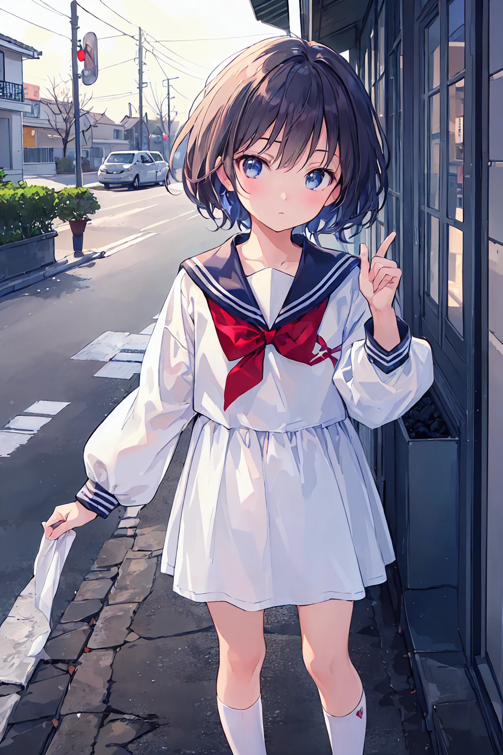 (Highest quality, 4K, 8k, High resolution, masterpiece:1.2), Very detailed, (Realistically cute,Photorealistic:1.37), High resolution, Anime Moe Art Style, best anime 8k konachan wallpaper, pixiv Contest Winner, Perfect Anatomy, break,(Please draw a girl walking sleepily to school.. ),break, One girl, (alone,change,child,s old:1.3),Complete limbs, Full Finger, Middle school students, (Very short hair),Messy Hair, Flat Chest, Small Ass, between legs, Small eyes,Beautiful and exquisite black eyes, Well-proportioned iris and pupil, Disgusted Eyes,High resolution detailed hair, Sailor uniform, skirt, School zone. break,Moderate: Anime Art, Vibrant colors, Sharp focus, Professional, Bokeh.
Lighting: Natural sunlight casting a soft glow on the girl, School zoneに温かく居心地の良い雰囲気を作り出す..