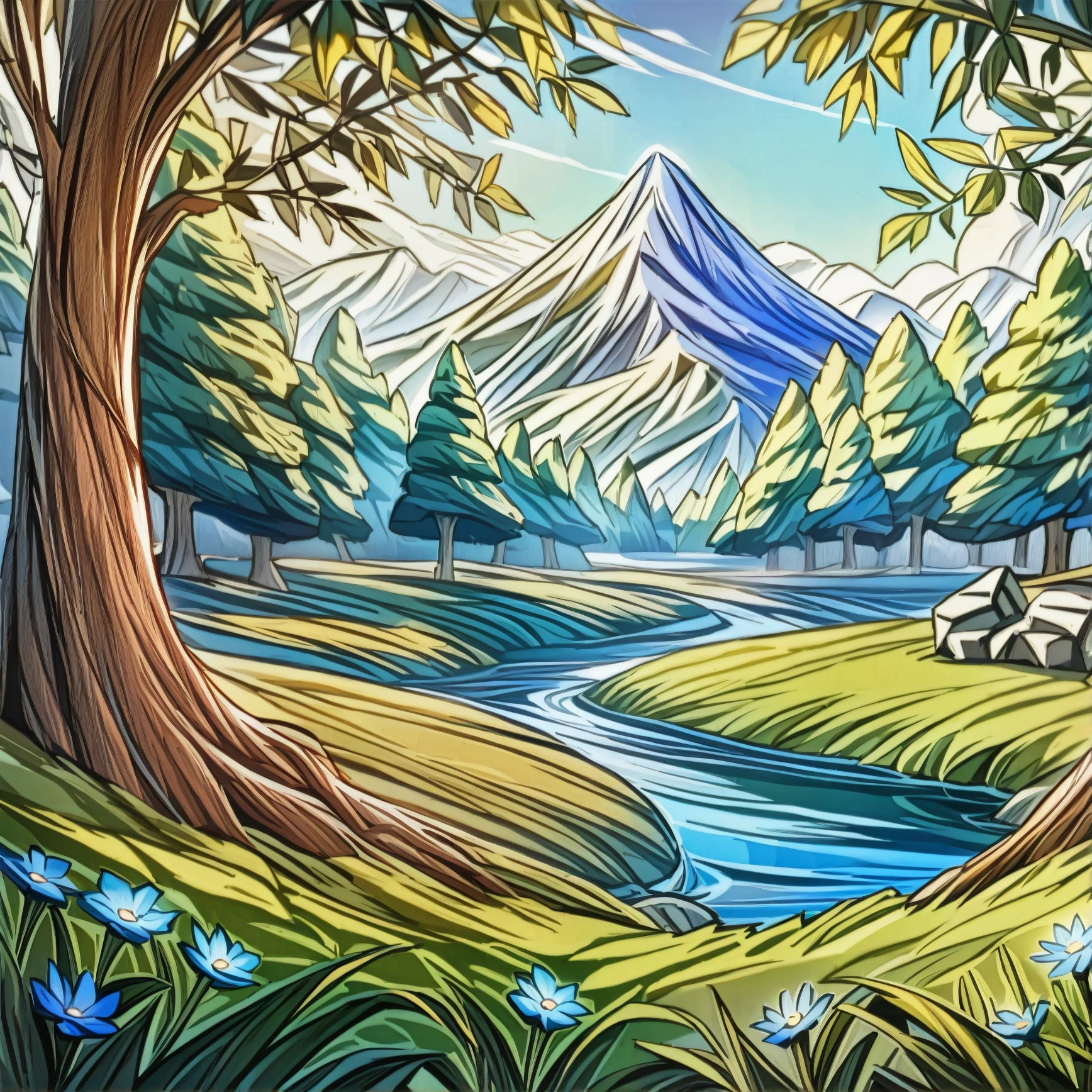 environmental calendar 2024, Create an image of a forest with trees framing a river and mountains in the background.