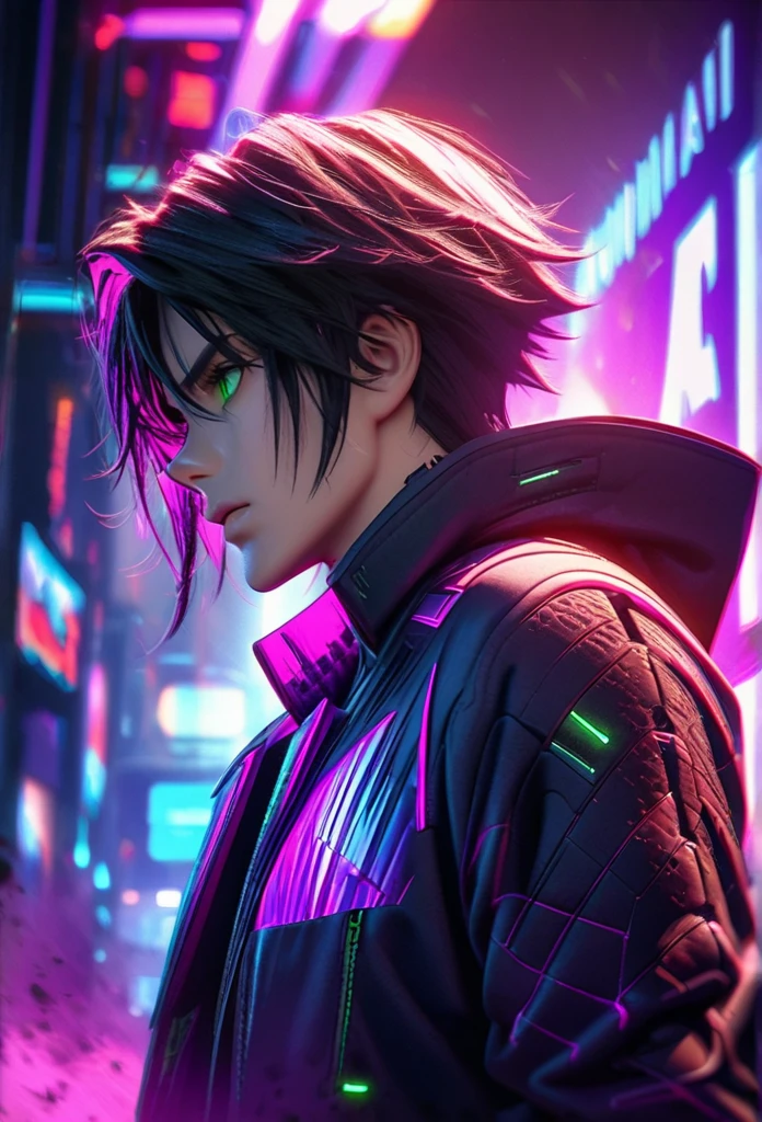 anime style, 1 man with short black hair and green eyes, wearing a black and purple hooded futuristic cyberpunk outfit, playing cards, intricate details, octane render, 8k, HDR, cinematic lighting, chiaroscuro, dramatic colors