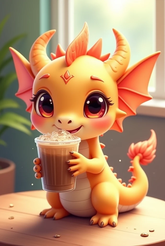 Animation cute dragon with iced coffee
