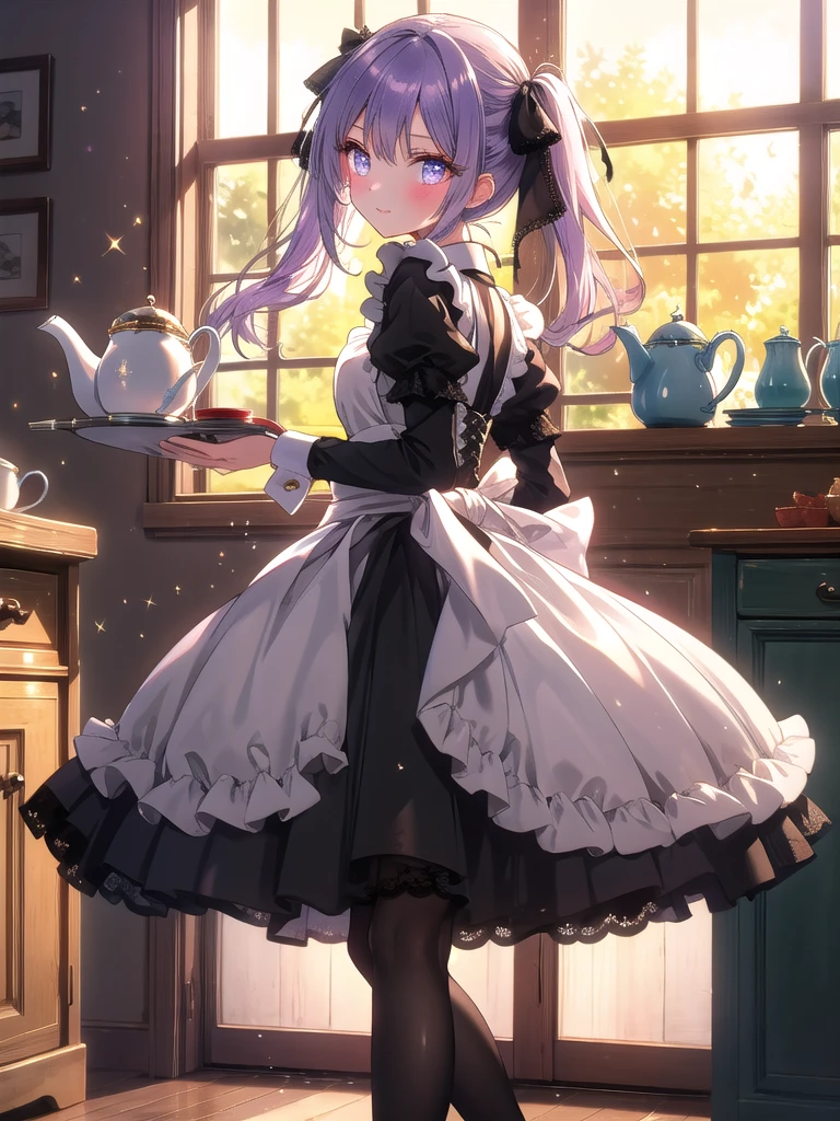 ((8k, Highest quality, masterpiece: 1.3)),Ultra-high resolution,(1 girl, alone), (Color changing eyes, Ultra-detailed, Expressive brilliance, Glitter, Glowing Eyes), Highly detailed eyes, Highly detailed face, Random Hair, ((pastel colour)),A striking young woman with long, pastel purple hair styled into twin tails, each tied with black lace ribbons. She is dressed in an intricate maid cosplay outfit, complete with a black and white dress featuring a ruffled skirt, puffed sleeves, and a fitted bodice with a lace-up front. The dress is adorned with delicate white frills and a small apron tied around her waist. She also wears thigh-high black stockings with lace trim and polished black shoes. The camera captures her from a mid-angle, focusing on her as she stands in a grand, vintage-style kitchen during the late afternoon, with warm sunlight streaming through the large windows. She holds a silver tray with a teapot and cup in one hand, while the other hand rests gently on her hip. Her expression is sweet and inviting, with a slight blush on her cheeks, as she leans slightly forward, offering tea with a warm smile. The background features rich wooden cabinets, marble countertops, and a soft, golden glow from the setting sun, enhancing the classic and elegant atmosphere.