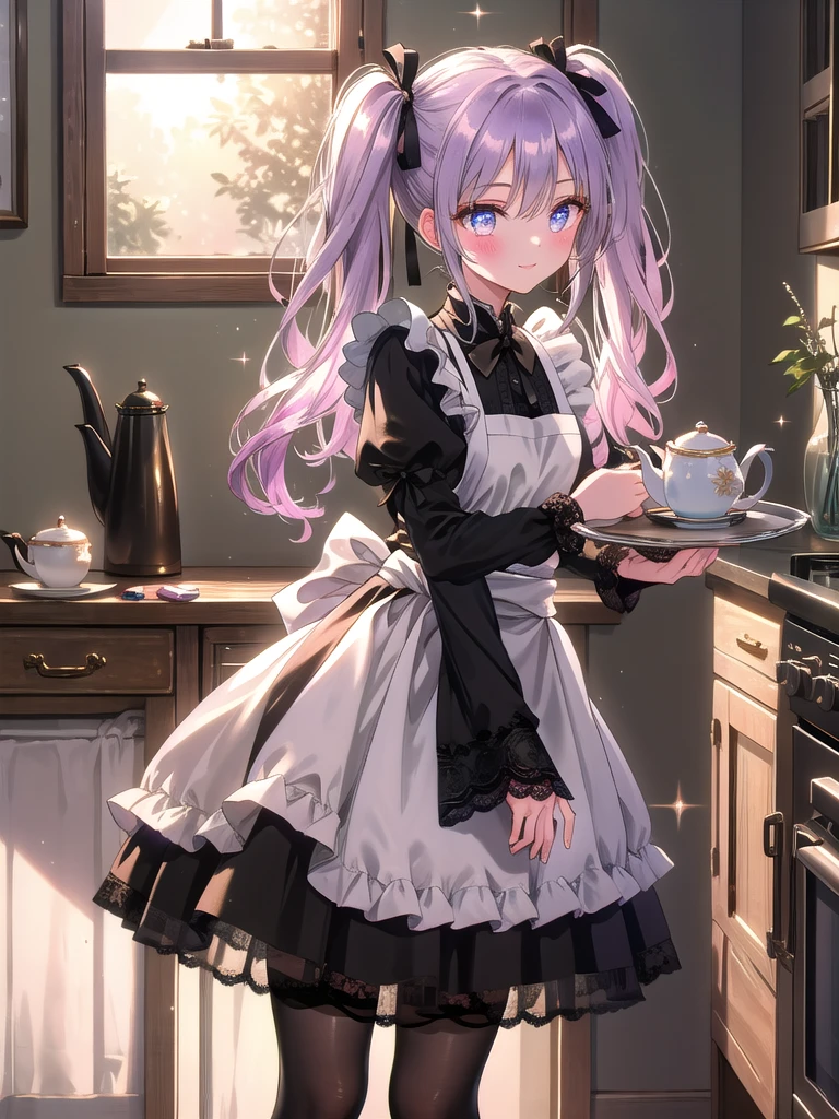 ((8k, Highest quality, masterpiece: 1.3)),Ultra-high resolution,(1 girl, alone), (Color changing eyes, Ultra-detailed, Expressive brilliance, Glitter, Glowing Eyes), Highly detailed eyes, Highly detailed face, Random Hair, ((pastel colour)),A striking young woman with long, pastel purple hair styled into twin tails, each tied with black lace ribbons. She is dressed in an intricate maid cosplay outfit, complete with a black and white dress featuring a ruffled skirt, puffed sleeves, and a fitted bodice with a lace-up front. The dress is adorned with delicate white frills and a small apron tied around her waist. She also wears thigh-high black stockings with lace trim and polished black shoes. The camera captures her from a mid-angle, focusing on her as she stands in a grand, vintage-style kitchen during the late afternoon, with warm sunlight streaming through the large windows. She holds a silver tray with a teapot and cup in one hand, while the other hand rests gently on her hip. Her expression is sweet and inviting, with a slight blush on her cheeks, as she leans slightly forward, offering tea with a warm smile. The background features rich wooden cabinets, marble countertops, and a soft, golden glow from the setting sun, enhancing the classic and elegant atmosphere.