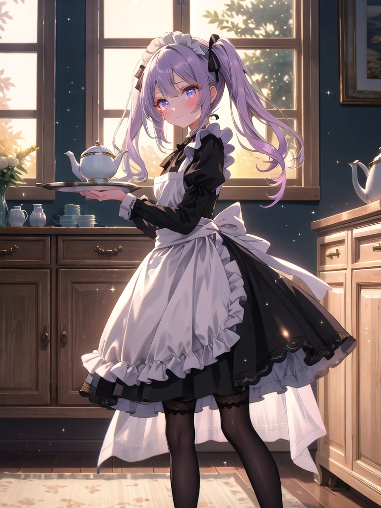 ((8k, Highest quality, masterpiece: 1.3)),Ultra-high resolution,(1 girl, alone), (Color changing eyes, Ultra-detailed, Expressive brilliance, Glitter, Glowing Eyes), Highly detailed eyes, Highly detailed face, Random Hair, ((pastel colour)),A striking young woman with long, pastel purple hair styled into twin tails, each tied with black lace ribbons. She is dressed in an intricate maid cosplay outfit, complete with a black and white dress featuring a ruffled skirt, puffed sleeves, and a fitted bodice with a lace-up front. The dress is adorned with delicate white frills and a small apron tied around her waist. She also wears thigh-high black stockings with lace trim and polished black shoes. The camera captures her from a mid-angle, focusing on her as she stands in a grand, vintage-style kitchen during the late afternoon, with warm sunlight streaming through the large windows. She holds a silver tray with a teapot and cup in one hand, while the other hand rests gently on her hip. Her expression is sweet and inviting, with a slight blush on her cheeks, as she leans slightly forward, offering tea with a warm smile. The background features rich wooden cabinets, marble countertops, and a soft, golden glow from the setting sun, enhancing the classic and elegant atmosphere.