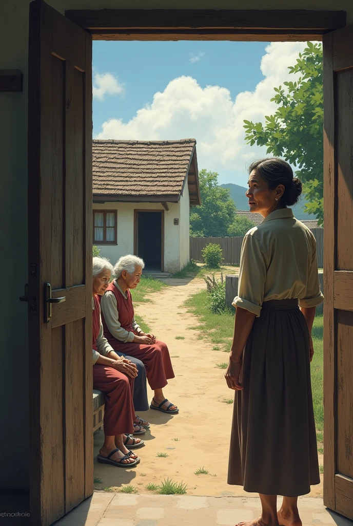 One women stand her house door and three old women sitting outside 