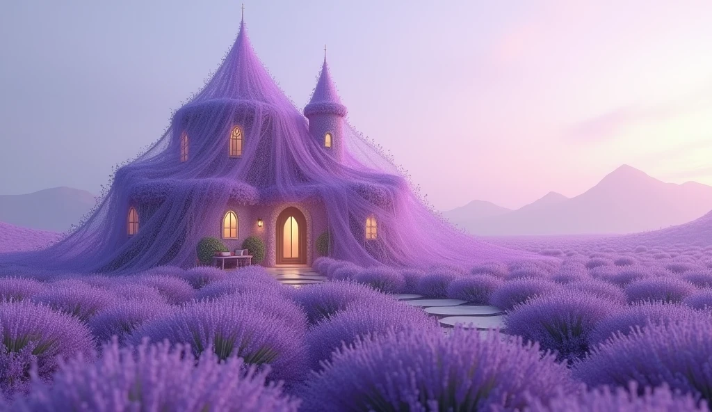 Lavender Veil Villa: "A serene villa surrounded by endless fields of lavender, its structure made of woven stems and blossoms. The entire house is draped in a flowing veil of soft, translucent fabric that catches the sunlight, creating a halo of purple hues around the home. [Whimsical, ethereal style inspired by fantasy landscapes], [Cool, dusky lighting, soft, flowing textures, and a calm, tranquil setting with gentle lavender tones