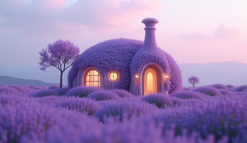 Lavender Veil Villa: "A serene villa surrounded by endless fields of lavender, its structure made of woven stems and blossoms. The entire house is draped in a flowing veil of soft, translucent fabric that catches the sunlight, creating a halo of purple hues around the home. [Whimsical, ethereal style inspired by fantasy landscapes], [Cool, dusky lighting, soft, flowing textures, and a calm, tranquil setting with gentle lavender tones