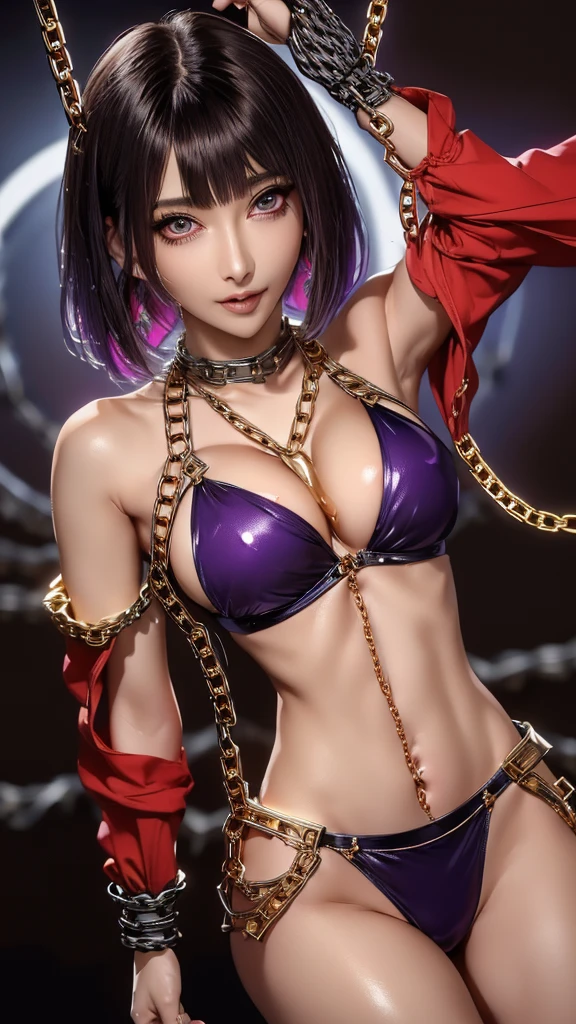 masterpiece, Highest quality, Pixiv, coolな女の子,masterpiece, Highest quality, Pixiv, cool, ,( Black and purple hair), Shortcuts, Blunt bangs, Straight bangs, Colored contact lenses eyes, Gal,,(Beautiful nipples)(Cracks in panties)(looking at the camera)、Belly piercing,Big Breasts,,Spread your legs,Fleshy crotch,Woman applying oil to her body,((((Skin gloss))))Glowing Skin:1,5,,(Wet crotch:1)((Orgasm:1.2))(((Brown Skin:1.5))),(Playing with adult toys),Gorgeous Necklace,Gorgeous bangles,Japan,and,Tattoo,((((My chest、、、))))((((Hands tied in chains:1.4))))punk women,Black costume,Stud costume