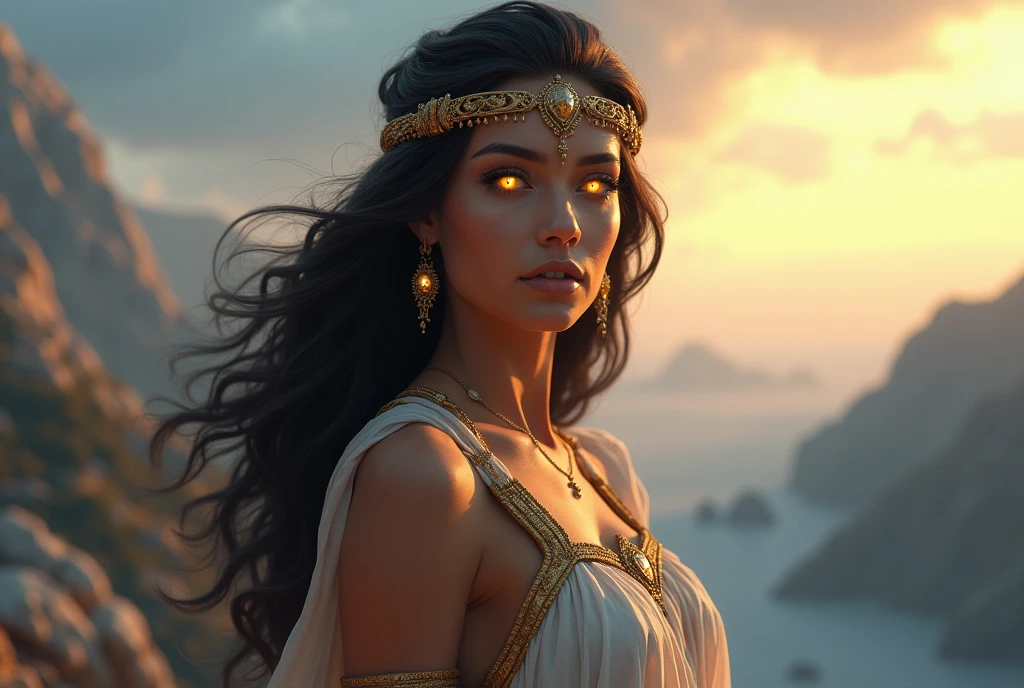 Create a digital artwork of a stunning goddess with luminescent eyes, blending fantasy and epic realism. Highlight her face with ethereal lighting effects, capturing the essence of divine beauty. She wears attire reminiscent of ancient Greek or Roman fashion, standing majestically on Mount Olympus, amidst a backdrop of celestial grandeur.
