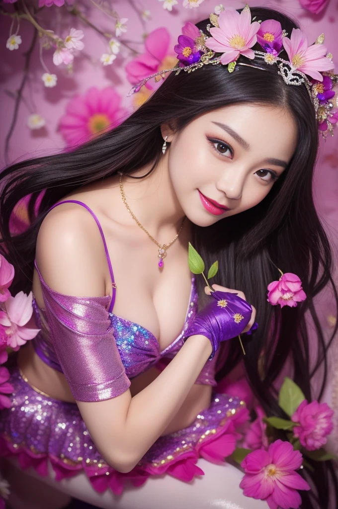 sexy Thai model who controls poison、beautiful smile、lipgloss、bold lipstick、intense makeup、look at the camera、full body Esbian、、sparkling poisoned flower costume、、、、sparkling Colorful hair、secrete poison、skull hair accessories、sexy tights、shiny sparkling flowers background