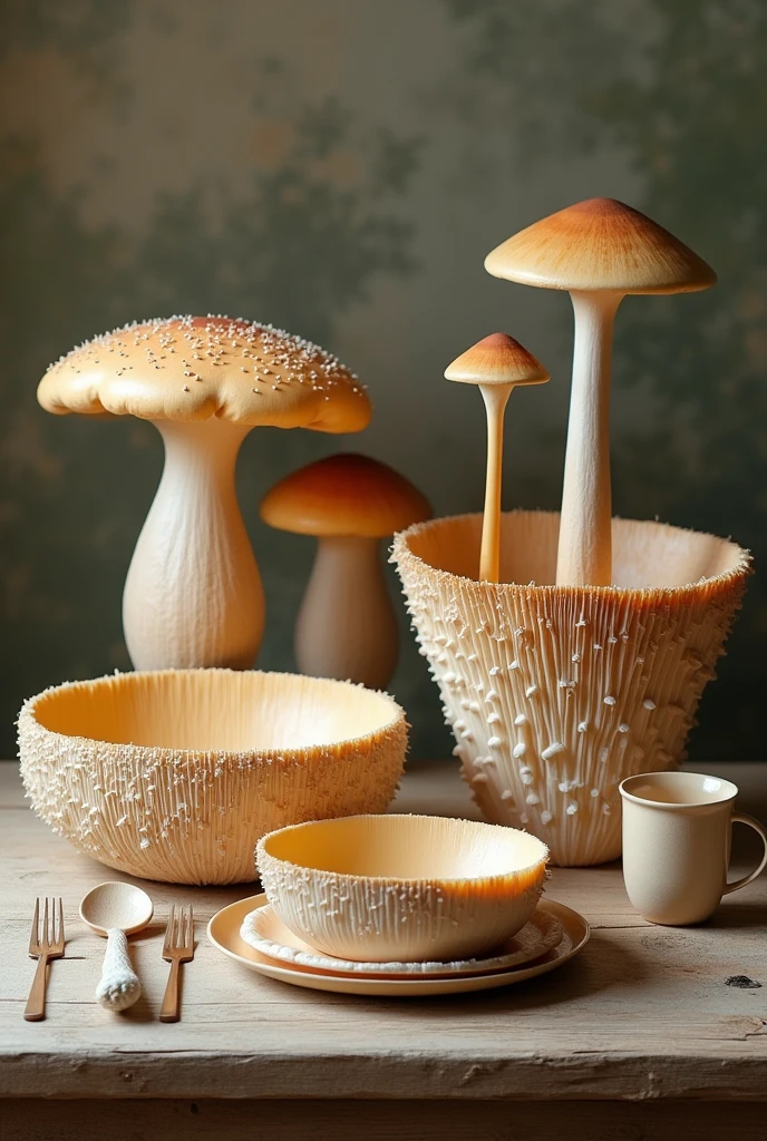 Make me a container, utensils plates, cups, that made of mushroom