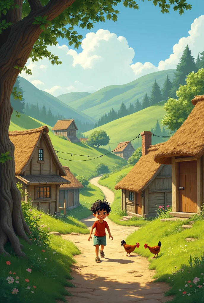 Small Village Setting: Describe a small, peaceful village where a mischievous but kind-hearted boy named Raju lives.