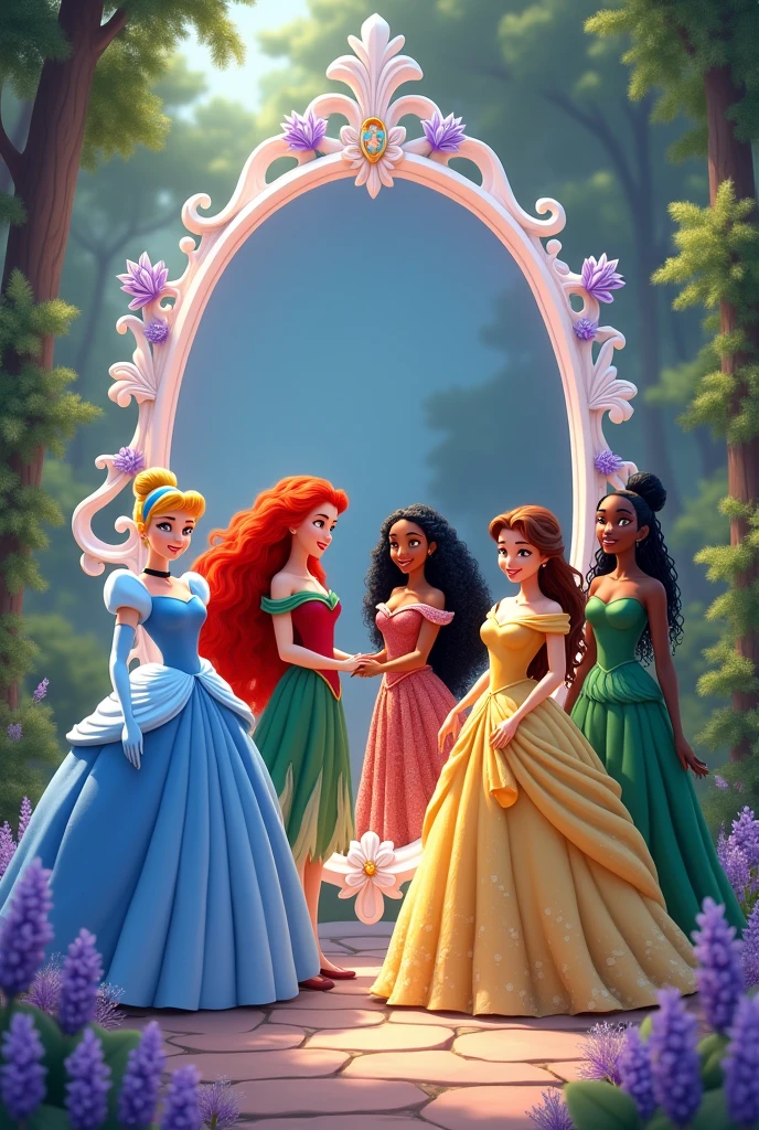 In the picture, Cinderella, Merida, Moana, Belle, and Tiana stand gracefully outside an ornate floral oval mirror, its white frame highlighted with delicate lavender accents. The mirror, positioned in a lush, enchanting garden, reflects a subtle glow that complements the characters' elegance. Cinderella is radiant in her blue gown, Merida's fiery hair contrasts beautifully with her green dress, Moana’s vibrant island attire adds a touch of adventure, Belle’s golden gown shimmers with classic charm, and Tiana’s green dress exudes timeless sophistication. The mirror’s floral and lavender details frame the scene with a soft, magical aura, enhancing the fairy-tale atmosphere.