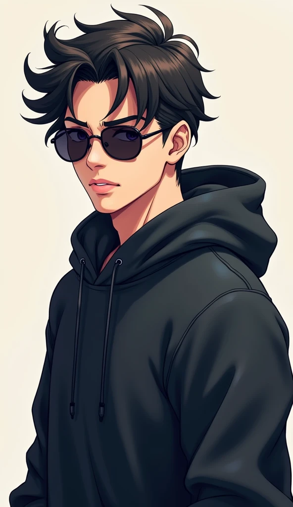Cool male anime character with hoodie and sunglasses looking straight in the camera with standing happy face