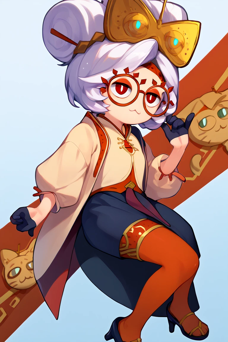 score_9, score_8_up, score_7_up, score_6_up, score_5_up, score_4_up, BREAK, solo, necoarc, lit pupils, cat ears, chibi, :3, abstract background, full body, purah, hair ornament, red headband, red glasses, sleeveless shirt, white coat, black skirt, red leggings, gloves, high heels