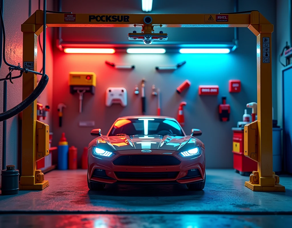  All items in a square display box create a detailed car wash toy industrial style  wall spray paint  vibrant contrasting colors detailed tools garage accessories cool lighting effects no car  location  cool indoor environment  plastic texture  toy mechanical style futuristic feel  (repeated) industrial style
