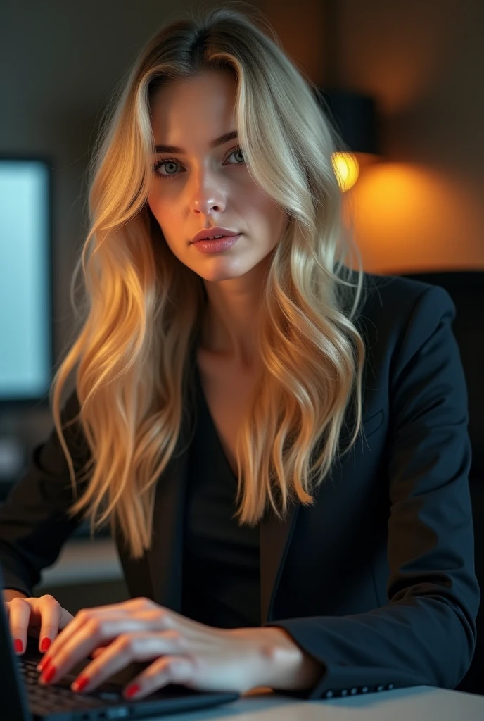 a beautiful men with long blonde hair, detailed eyes, nose, and lips, wearing professional outfit, siting in her office, using her computer, hp comuter (best quality,4k,8k,highres,masterpiece:1.2),ultra-detailed,(realistic,photorealistic,photo-realistic:1.37),HDR,studio lighting,extremely detailed face and body, portrait,cinematic lighting,dramatic lighting,warm color tones,dramatic colors