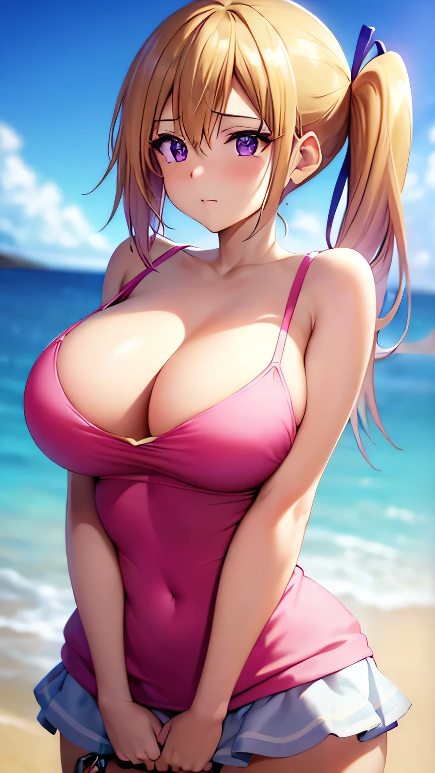 Perfect composition,masterpiece, (Highest quality), Adult women, bionde, Hair length, Side Ponytail, Purple eyes,sweater, skirt,Huge Cleavage,Sexy woman, Embarrassing,blush, Bright colors,,Natural soft light,RTTX 10.0, (Detailed face:1.2), Showcase, (Perfect Eyes:1.1) ,(Photorealistic:1.1), 8k Ultra HD, Look at the viewers, Seaside, beach, Simple Background,(Cleavage:1.4),Tremendously large bust,Huge bust,(throw,Close-up shot:1.2),From the top of the head to the waist,