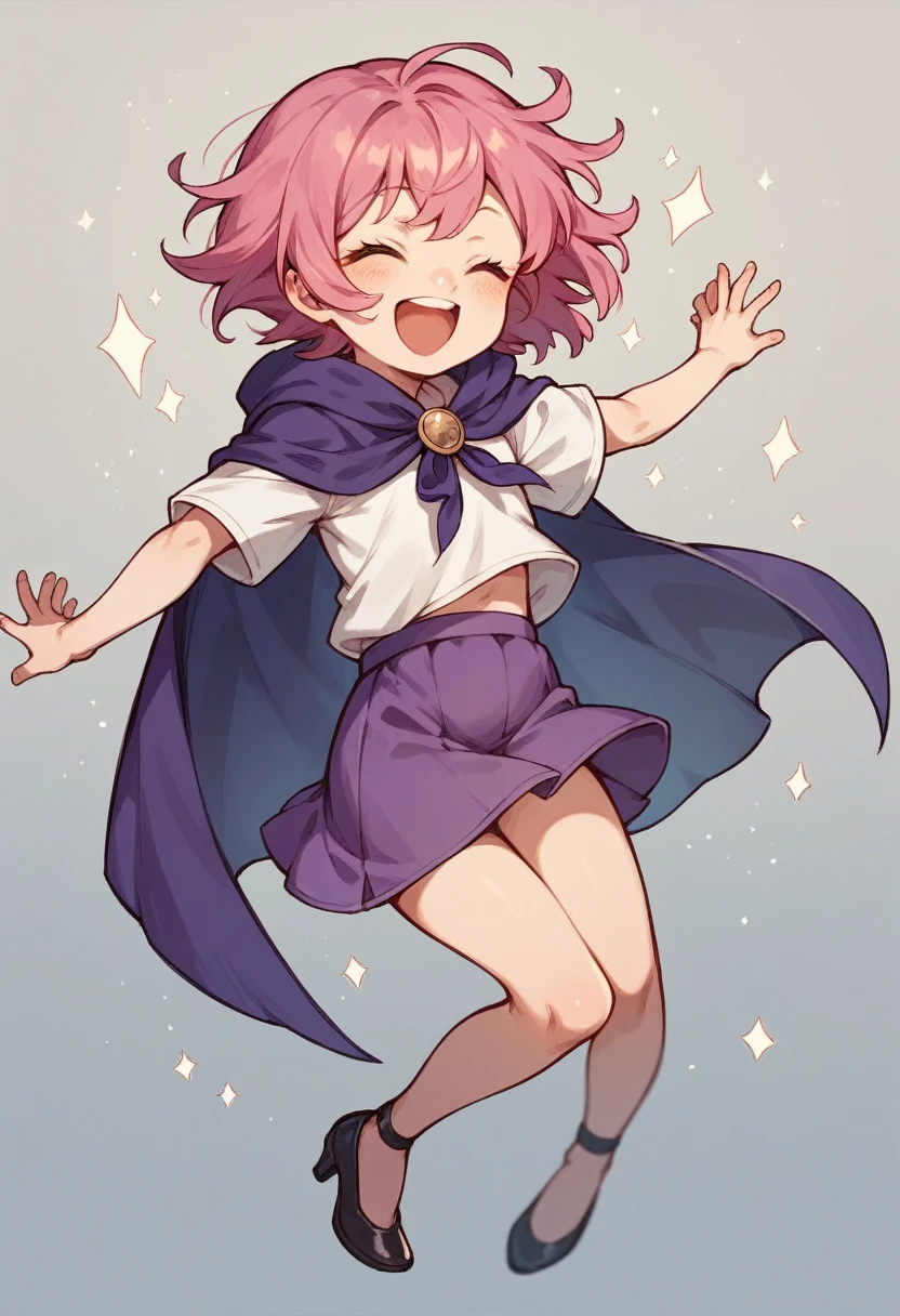 cute young girl with short pink hair, blue eyes, white shirt, purple cape, purple skirt, black heels, happy, rubbing her belly, closed eyes,