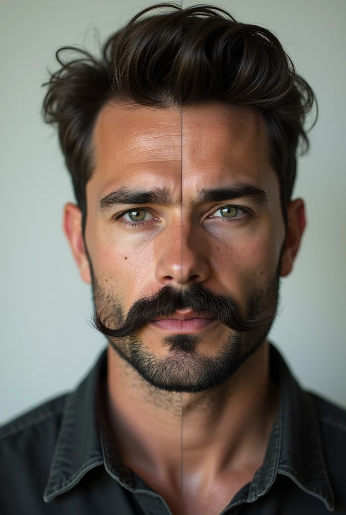 A man's face divided into two parts: one side portrays traditional masculinity (with symbols like a thick mustache, Alice is assertive, dsb.), while the other side depicts a more inclusive modern masculinity (perhaps more subtle, or with elements that suggest sensitivity).