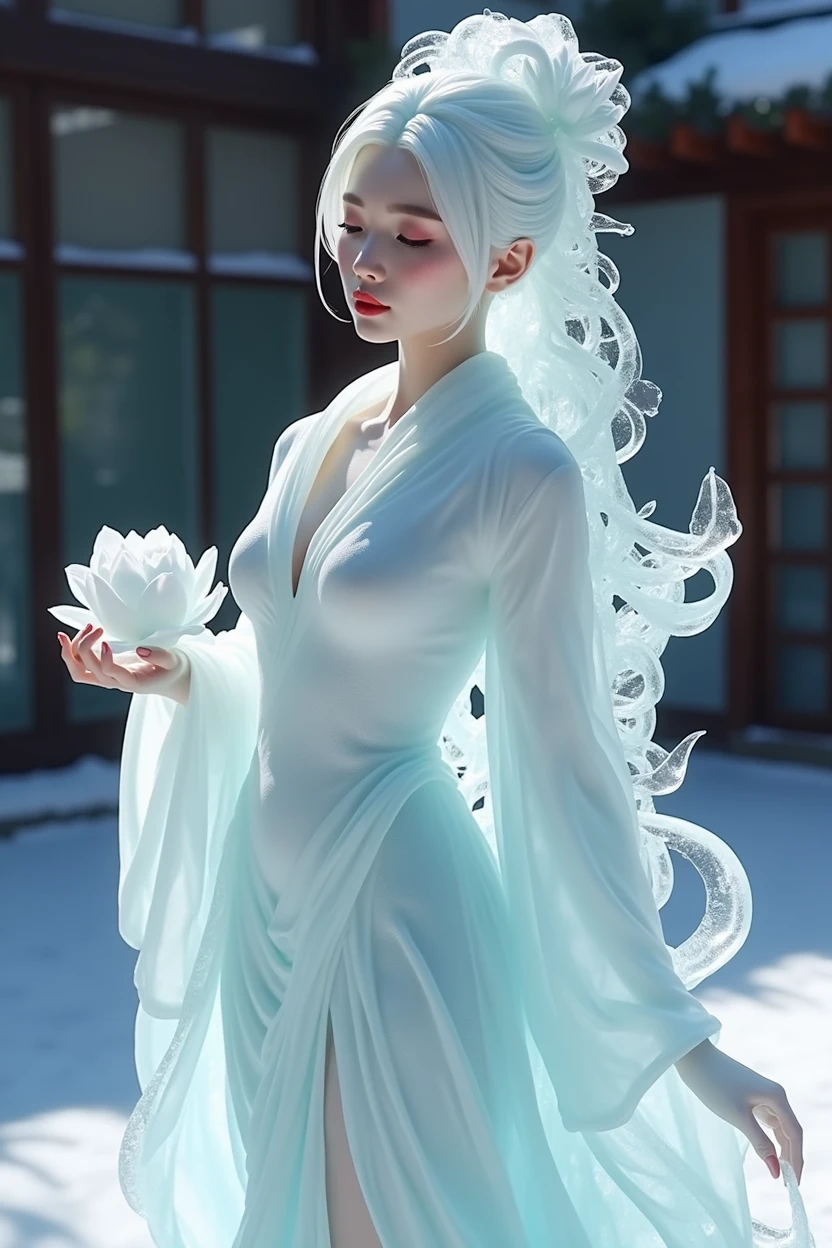 (ice - carving:1.4),Movie Angle,(Fan Bingbing, ice sculpture girl,Anatomically correct,full bodyesbian,Masterpiece ice sculpture camellia,Representative work Hanfu,Smile,sexy,full body arts,traditional arts,erotic arts,Queen arts,Amazing body arts,Amazing hear style,traditional japanese girls,japanese geisha, japanese artworks,Pari, jewelry arts,full body arts style)