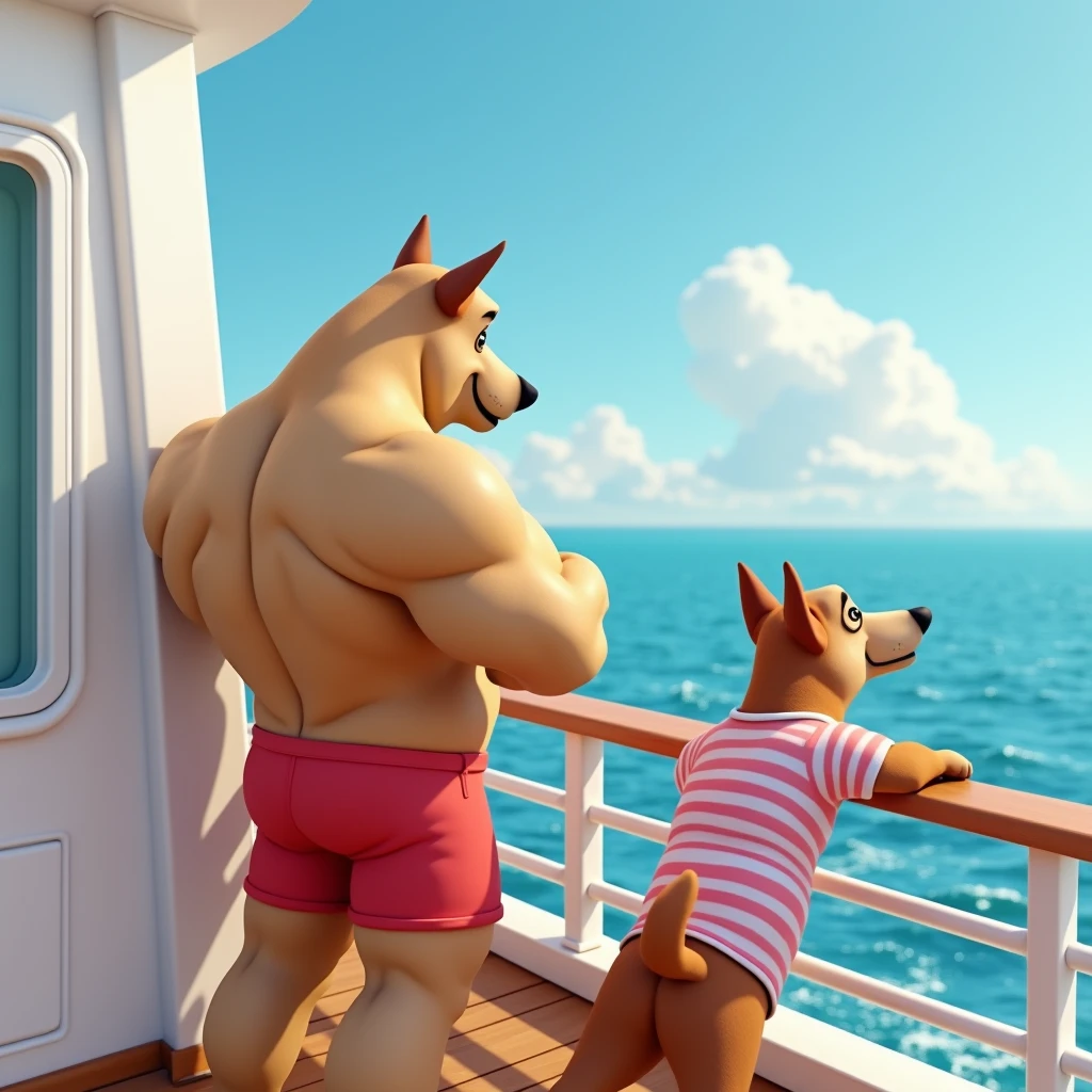 A humorous and surreal scene on a cruise ship deck. In the foreground, two anthropomorphic dogs stand at the railing, looking out at the ocean. The larger dog on the left is extremely muscular with an exaggerated bodybuilder physique, wearing red swim shorts. Its arms are crossed, showing off massive biceps. The smaller dog on the right is leaning on the railing, wearing a pink and white striped shirt. Both dogs have realistic dog heads.
The deck of the ship is visible, with a wooden railing and a glimpse of a white cabin wall. The ocean stretches out to the horizon, a deep blue color. The sky is clear and sunny with a few wispy clouds.
The image has a cartoonish, 3D rendered style with smooth textures and vibrant colors. The lighting creates a bright, cheerful atmosphere, highlighting the dogs' fur and the ship's surfaces. The contrast between the dogs' cute faces and the muscular body creates a comical effect.
Style: 3D animation, photorealistic textures, vibrant colors
Mood: Whimsical, humorous, sunny
View: Close-up, focusing on the dogs at the ship's railing