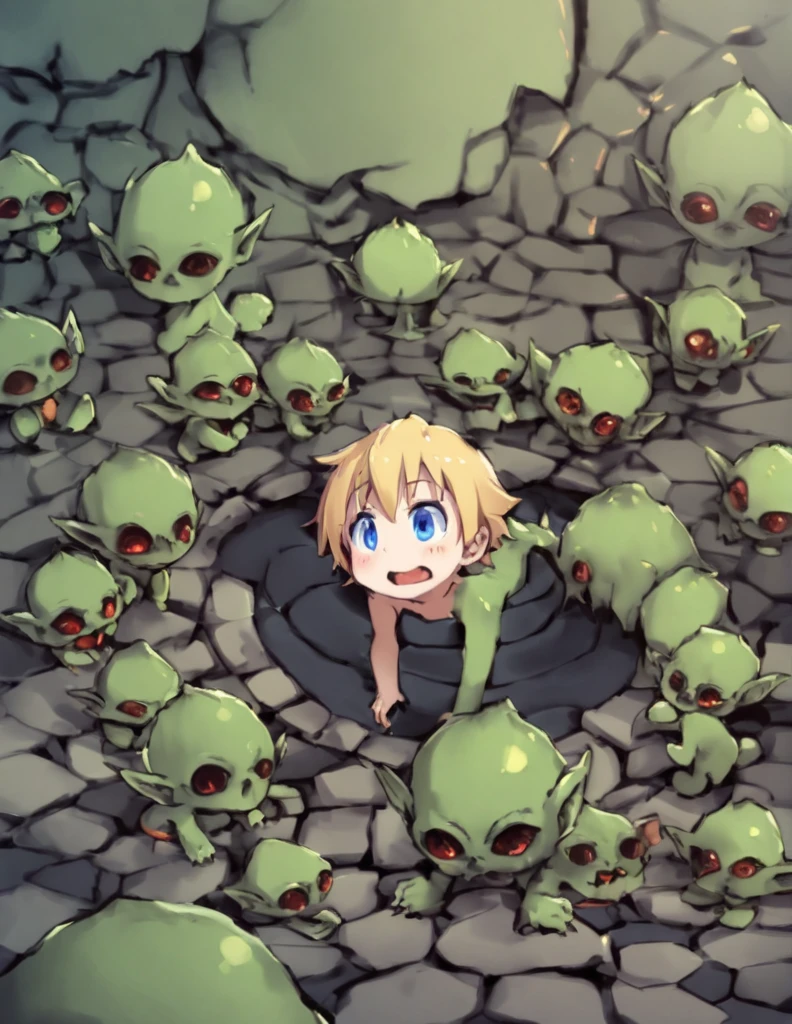 1 cute boy wearing old, ripped pants, naked on top,yellow hair,blue eyes,Stuck in a fantasy dungeon,Standing on the remains of hundreds of green goblins, mythical monsters.,