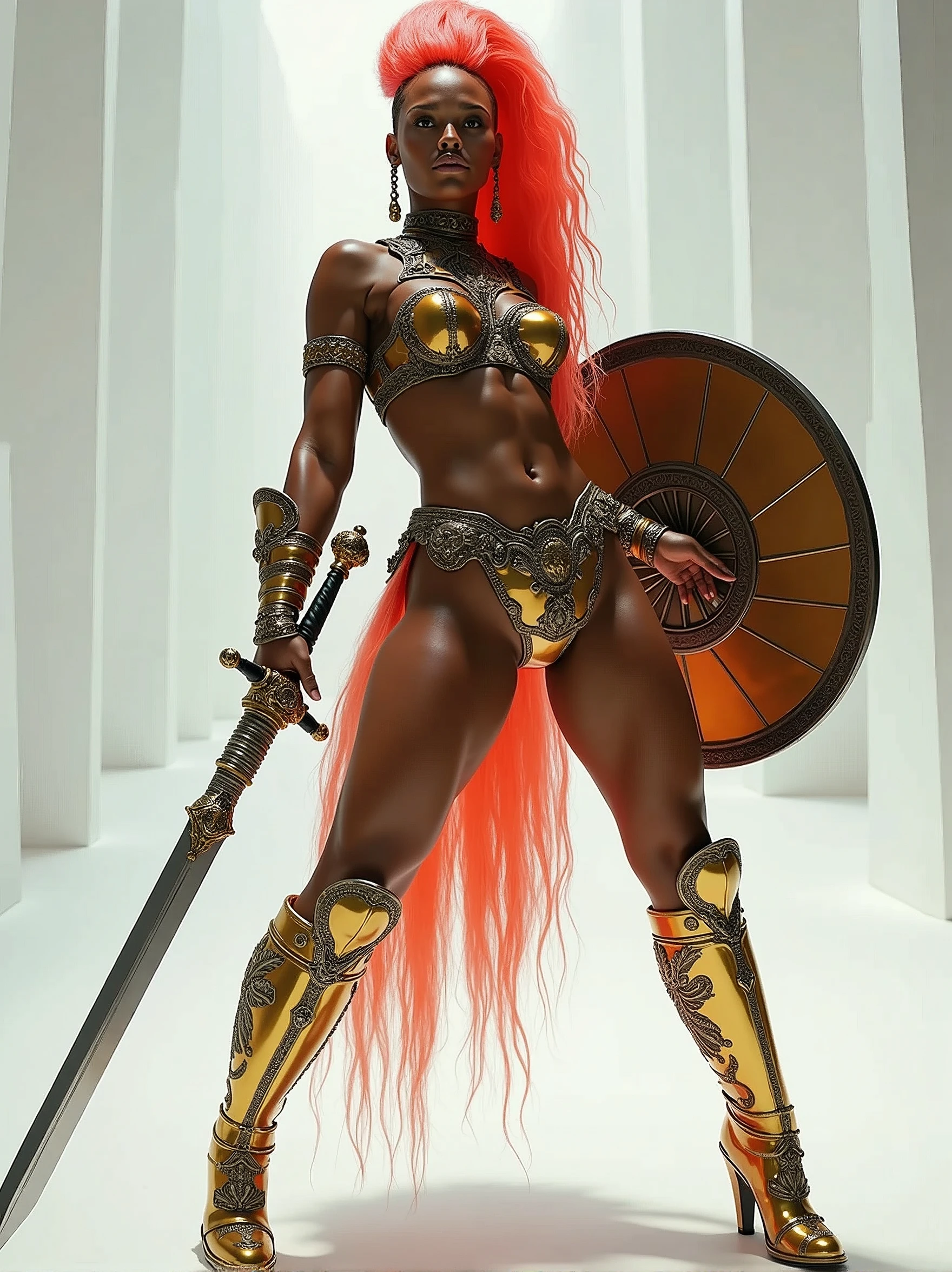objective, An Amazon posing with confidence and courage. Hair: She has a very long neon wavy fade mohawk. Body: the breasts are tiny and small, wide hips are voluptuous and very strong trapezoidal and toned. The waist is tiny zero. Her body is voluptuous and delicate and Womancore. She has an immensely full round and protruding buttocks glutes. Face: like Angela Bassett. Clothes: Amazon armoured suit. The armor is bright metallic with flowers and intricate details. She has a long sword and a shield with relief symbol. Image style and definition: (ultra realistic photo, feminine figure, portraits, Reductionist form, UHD, mujercore.) Background: white room.