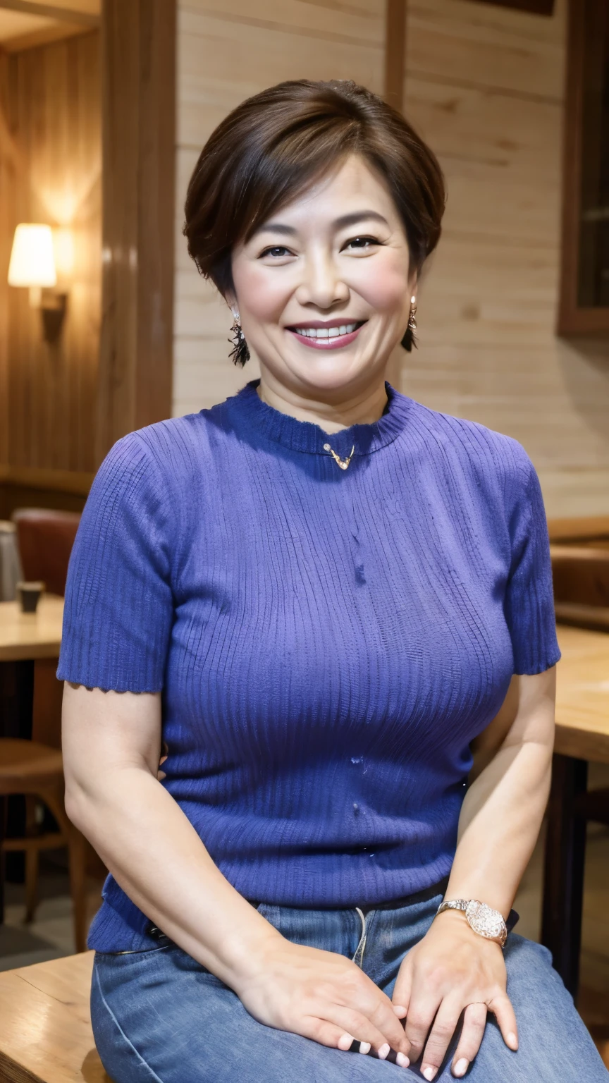 8k wallpaper, masterpiece, Highest quality, Very detailed, One Mature Woman, 50 years old, Become very clear, Wearing a short-sleeved knit, Skin dents, Captivating smile, Looking at the audience, No lapel microphone, Plump, Curvaceous, Attractive face, Smiling with teeth showing, I was happy, sitting in a cafe, Background Blur