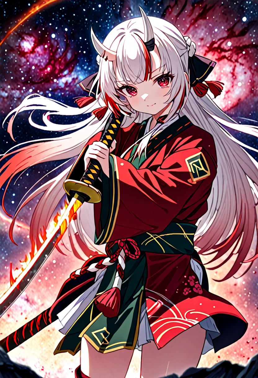 8K Ultra High-Quality, ultra-detailed, High quality, Nakiri ayame, white oni horns, red blade katana, full body, galaxy background, close up