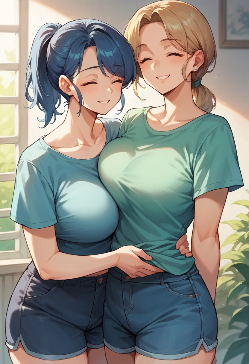 beautiful tall mom with blue ponytail hair, green eyes, blue top shirt, bare belly, dark blue shorts, smile, rubbing her belly, closed eyes