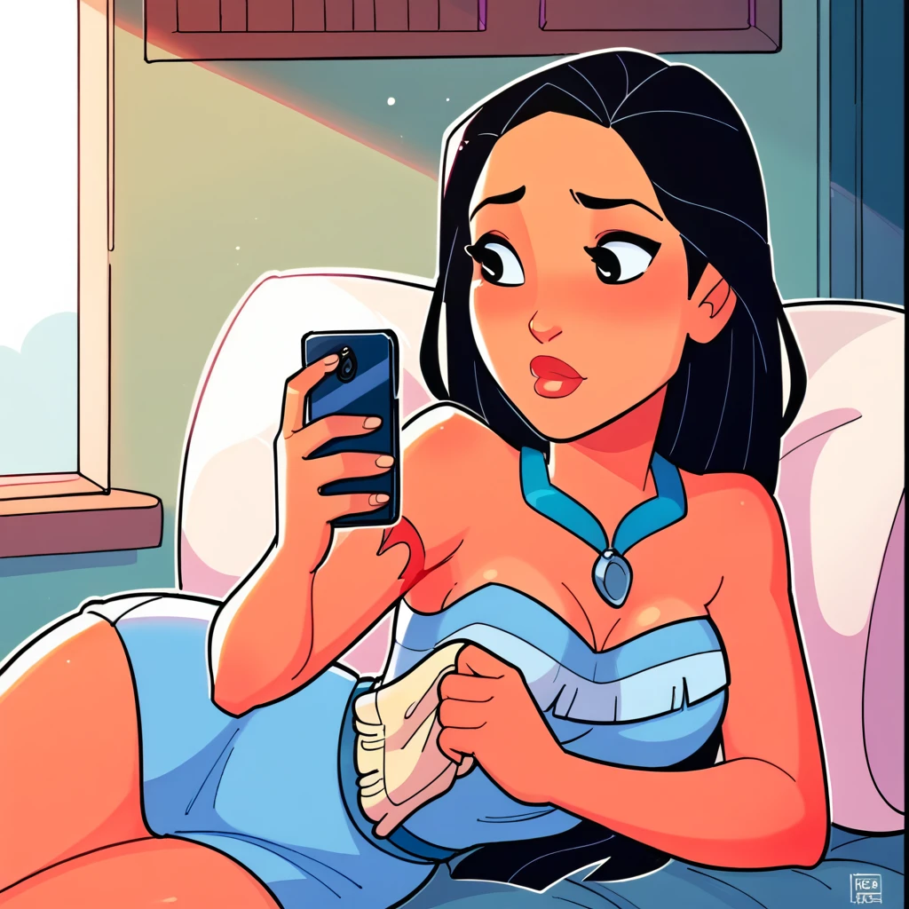 score_9_presence, score_8_up, Pocahontas, wrapped in towel, medium breasts, holding phone
