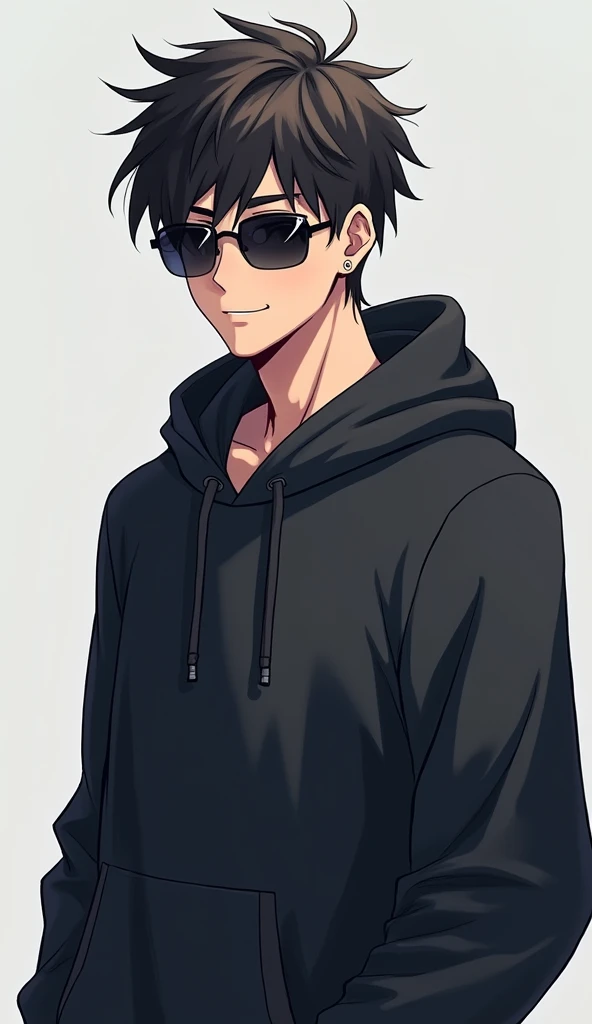 Cool male anime character with hoodie and sunglasses looking straight in the camera with standing happy face 