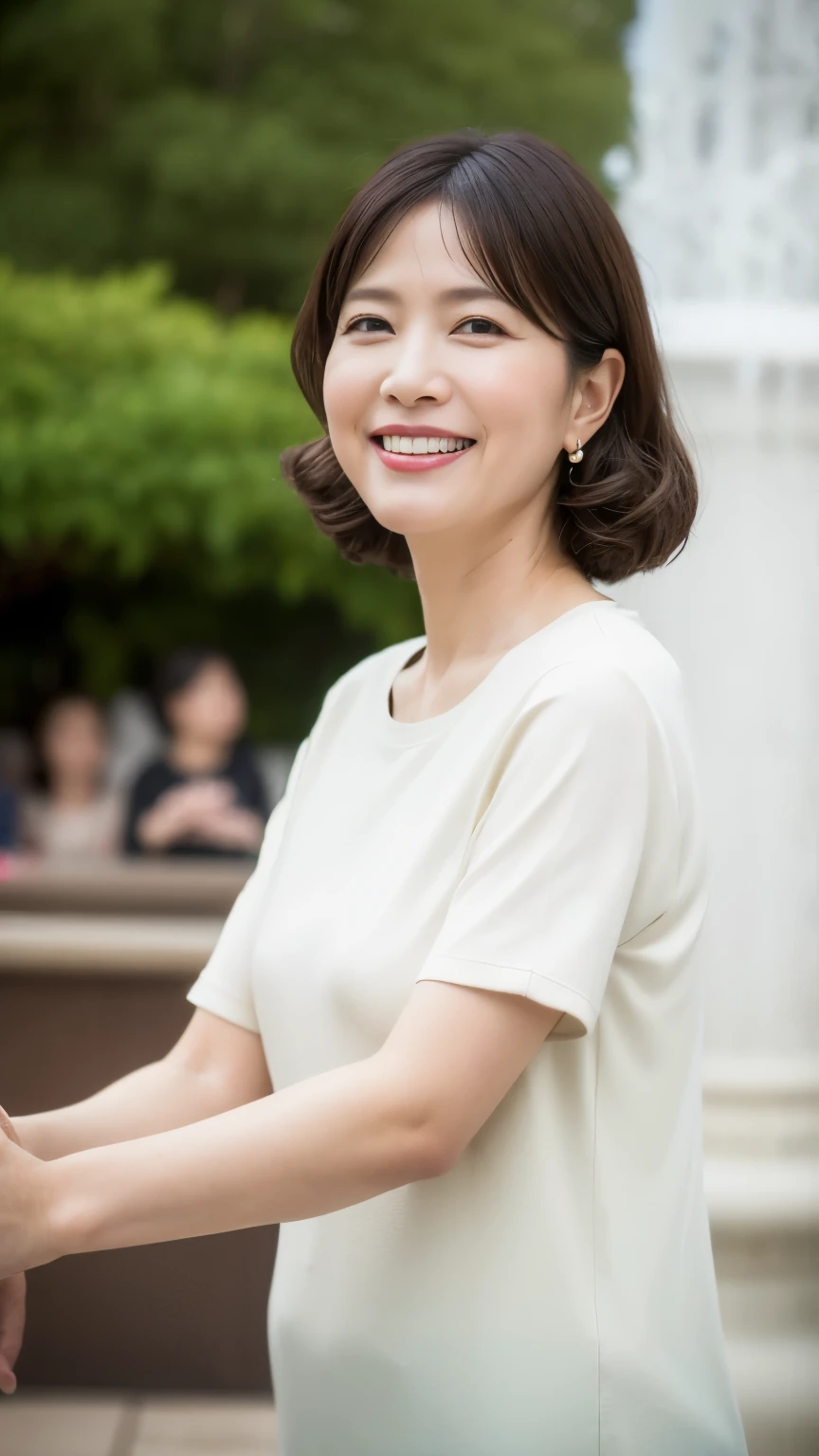 最high quality, In 8K, whole body, Real, Upper Body, high quality, High resolution, Detailed face, Detailed eyes, Thick lips, (Look at the viewers), alone, Middle-aged women, , 60 years old, , Wavy Hair, , Wearing short sleeves, Standing in front of a fountain, Wrinkles around the eyes, Smiling with teeth showing, Background Blur