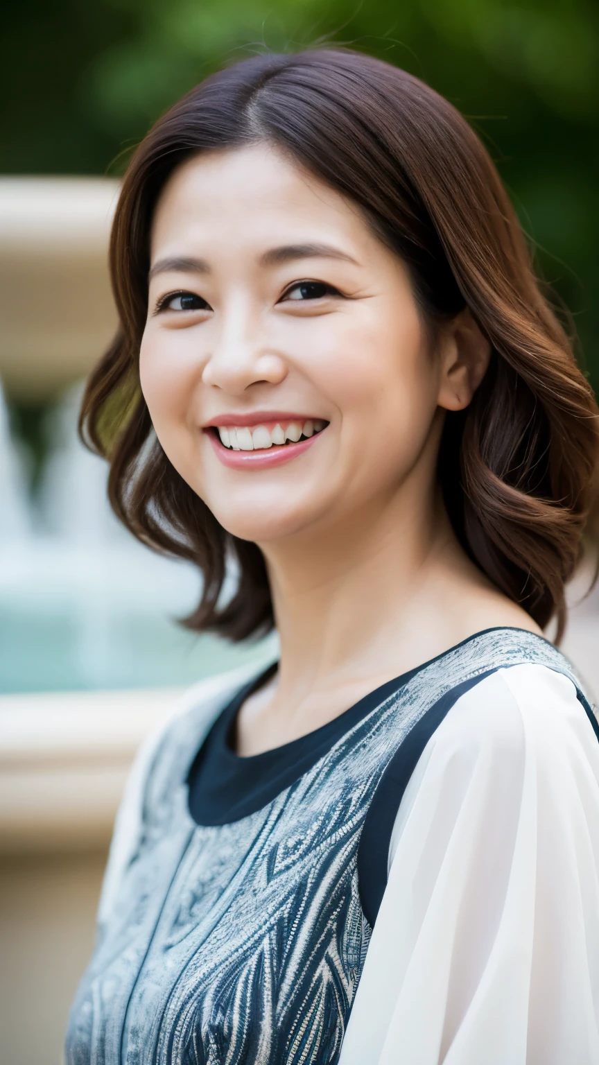 最high quality, In 8K, whole body, Real, Upper Body, high quality, High resolution, Detailed face, Detailed eyes, Thick lips, (Look at the viewers), alone, Middle-aged women, , 60 years old, , Wavy Hair, , Wearing short sleeves, Standing in front of a fountain, Wrinkles around the eyes, Smiling with teeth showing, Background Blur