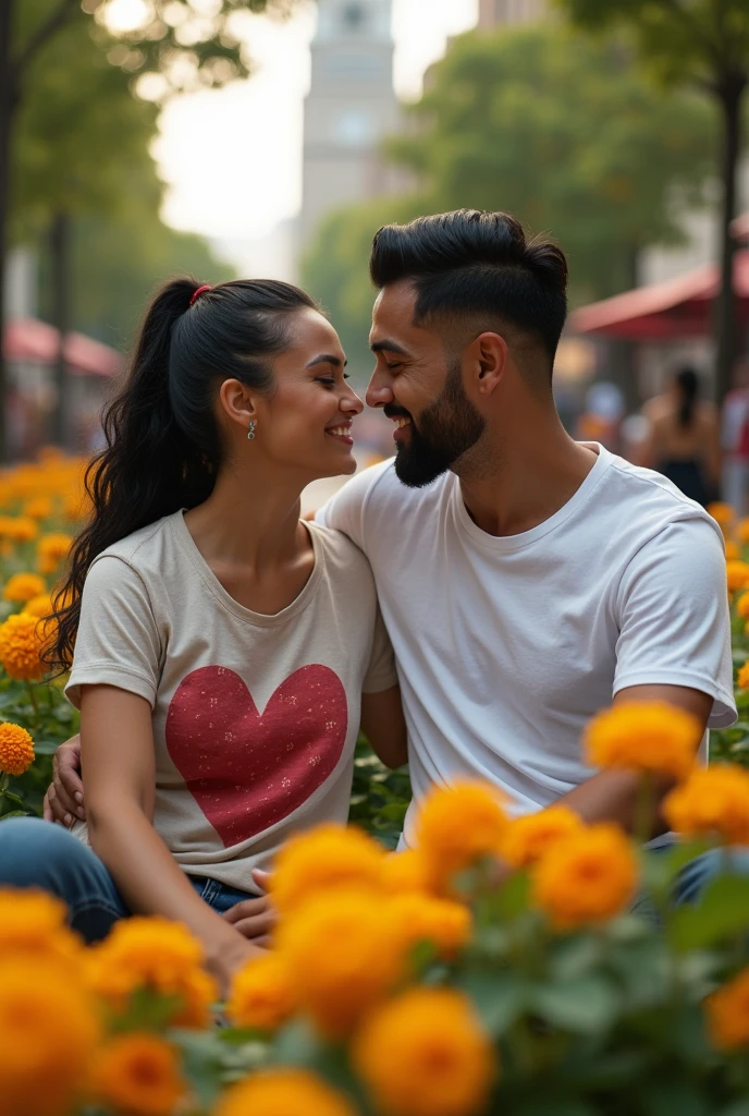 A Brazilian woman, 30years, slicked black hair, white, wearing a shirt with a heart print ,with jeans,  sitting in a flowery square with her husband, vestindo camiseta white, passionate personality 