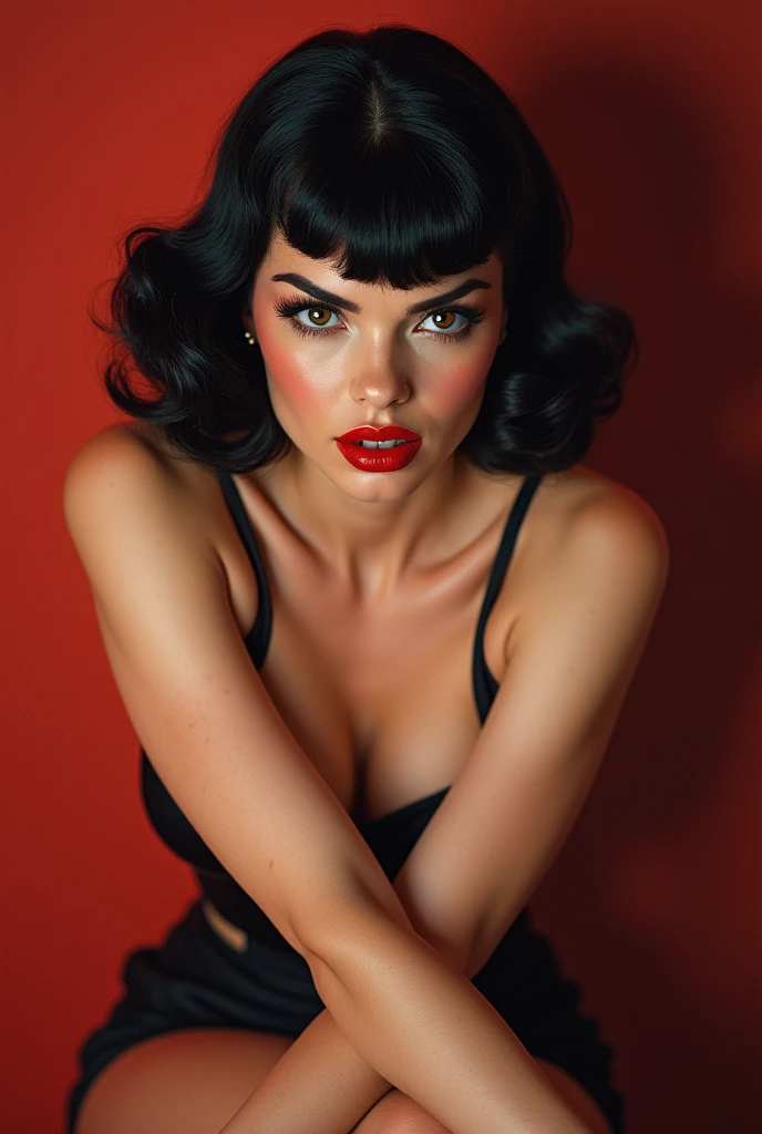 Bettie Page, fatal pin-up, gaze of a cat who just stole the cream, provocative pose, 'don't mess with me' expression, contrasting background, 1950s style, digital art, hyperrealistic