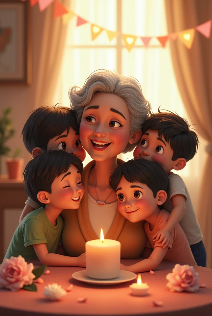 Grandmother sitting in a chair with 2 children around