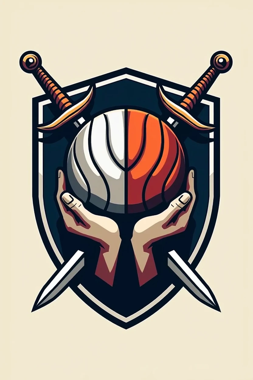 Create a logo, entitled MNP knights the design is half volleyball ball and basketball ball with two hands and shield and swords