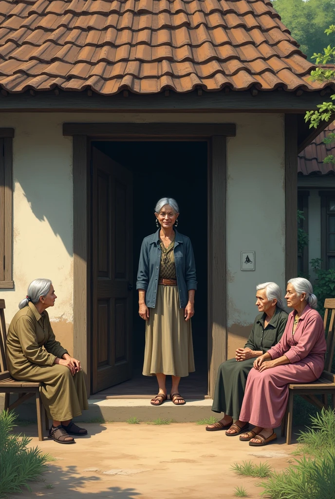One women stand her house door and three old women sitting outside Infront house