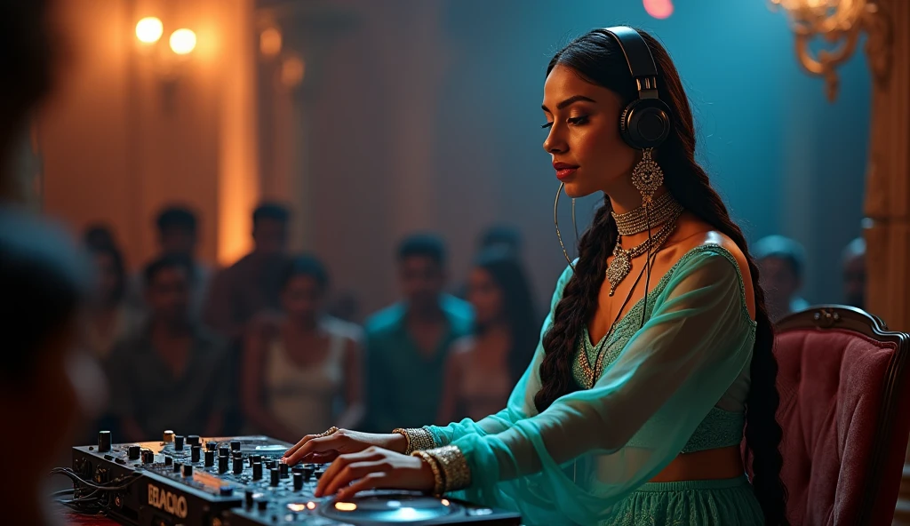 ((Princess Indira, from India) ((beautiful face)) (tanned skin) ((very long one braid darkhair)) ((very huge breasts)) (perfect slim body) ((wears short turquoise blouse and long wide transparent1.2 arabic pants)) ((choker, head band, earrings, brazalets)) ((wearing headphones and performing for a live audience as a dj )) (high definition, dynamic lights and shadows) ((masterpiece)) (8k) (perfect face) (best quality) (perfect hands)