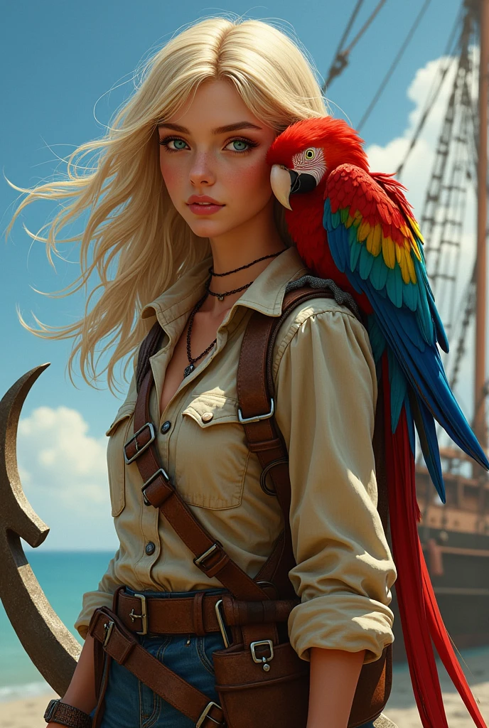 a young blonde woman, with a macaw on his shoulder and a ship's anchor at his side.