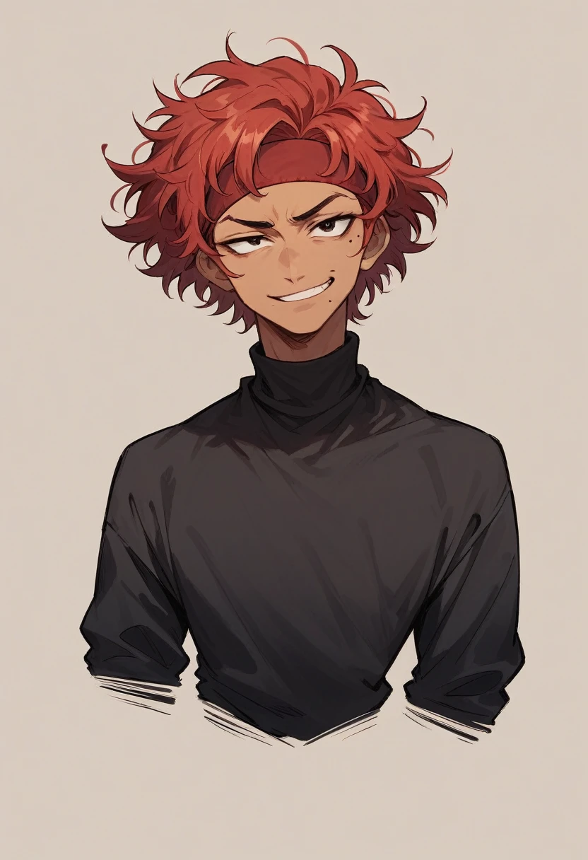 (masterpiece), best quality, expressive eyes, perfect face, tan skinned male, red hair, short hair, messy hair, red headband, smirk, beauty mark, mole, black shirt, sweater tied at the waist,