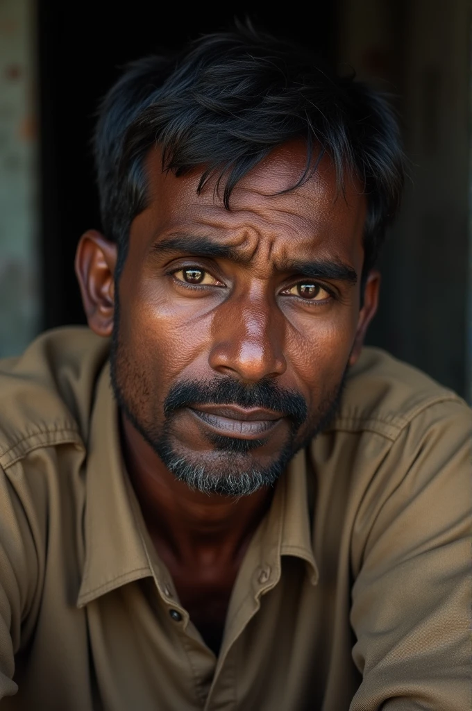 sri lankan man , black short hair , tired face , browish uniform ,