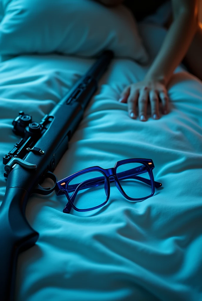 Cyber cyan glasses. On top of the plush bedsheets. Upclose. And a rifle beside it. And there's a woman's hand resting at the corner up right. And slightly a glimpse of her body. NOT MUCH. just a little. From the top perspective.
