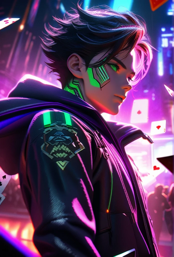 anime style, 1 man with short black hair and green eyes, wearing a black and purple hooded futuristic cyberpunk outfit, playing cards, intricate details, octane render, 8k, HDR, cinematic lighting, chiaroscuro, dramatic colors