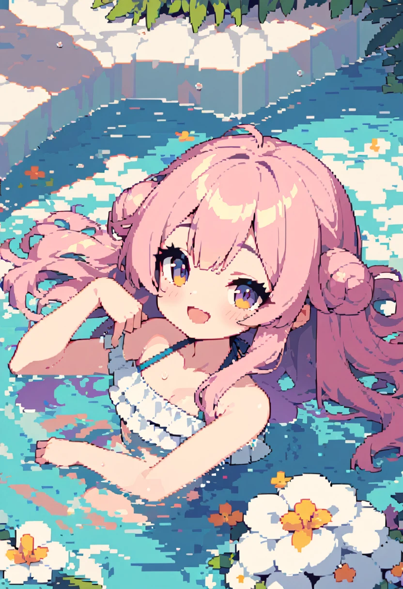 masterpiece, Highest quality, 8k, Pixel art, Pixel art, Vivid, woman, 若いwoman, smile, cute, Directed at an angle, Open your mouth, Fluffy hair, Long Hair, Hair like sheep's hair, Pink Hair, eyebrow, 太いeyebrow, Swimwear, Bathing