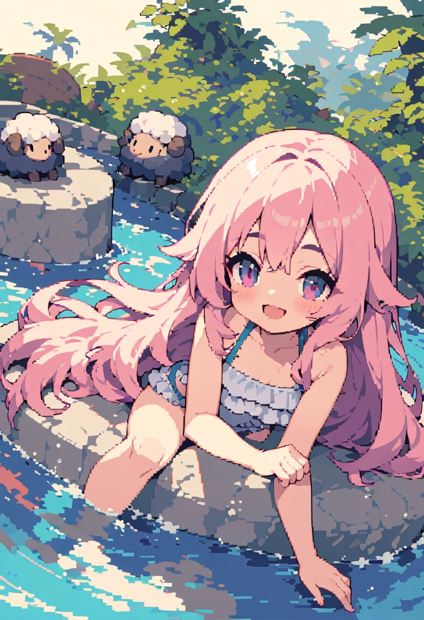 masterpiece, Highest quality, 8k, Pixel art, Pixel art, Vivid, woman, 若いwoman, smile, cute, Directed at an angle, Open your mouth, Fluffy hair, Long Hair, Hair like sheep's hair, Pink Hair, eyebrow, 太いeyebrow, Swimwear, Bathing