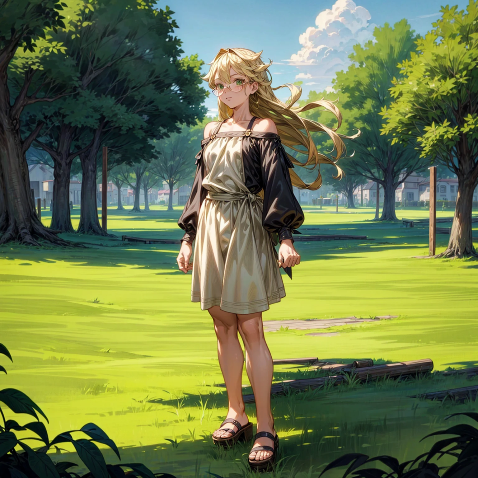 Solo character, full body version, ??? girl, muscle, green eyes, blonde color hair, long hair, casual clothing, bare shoulder clothing, sandals, outdoor, town, medieval, morning, standing gesture, detailed background, detailed clothing, detailed hair, happy eyes, (food wars style art), (black clover style art), glasses