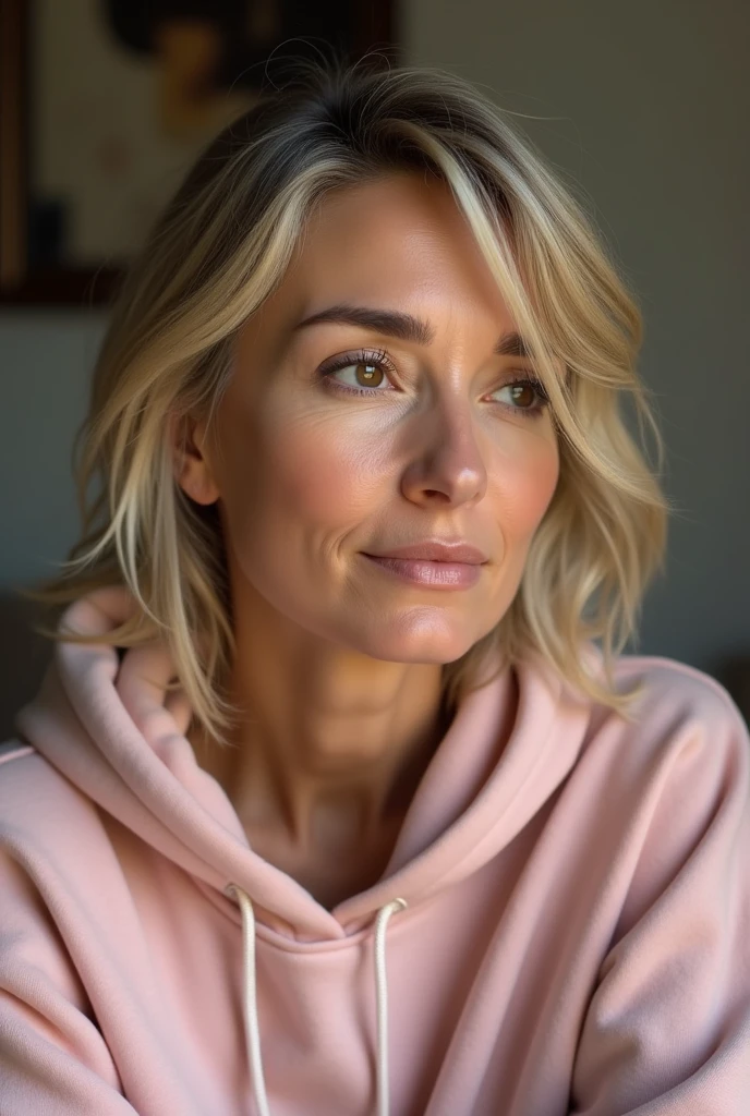 37 year old woman with blonde hair with brown eyes wearing pink hoodie